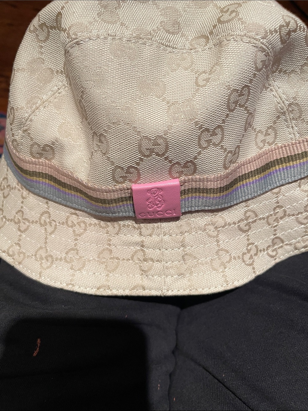 Gucci Beige GG Canvas Bucket Hat with Pink Logo Tab and Multi-Stripe Trim